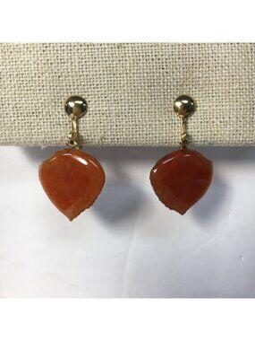 Vintage Screw Back Clip On Retro Leaf Dangle Earrings Orange Beige Stone Drops